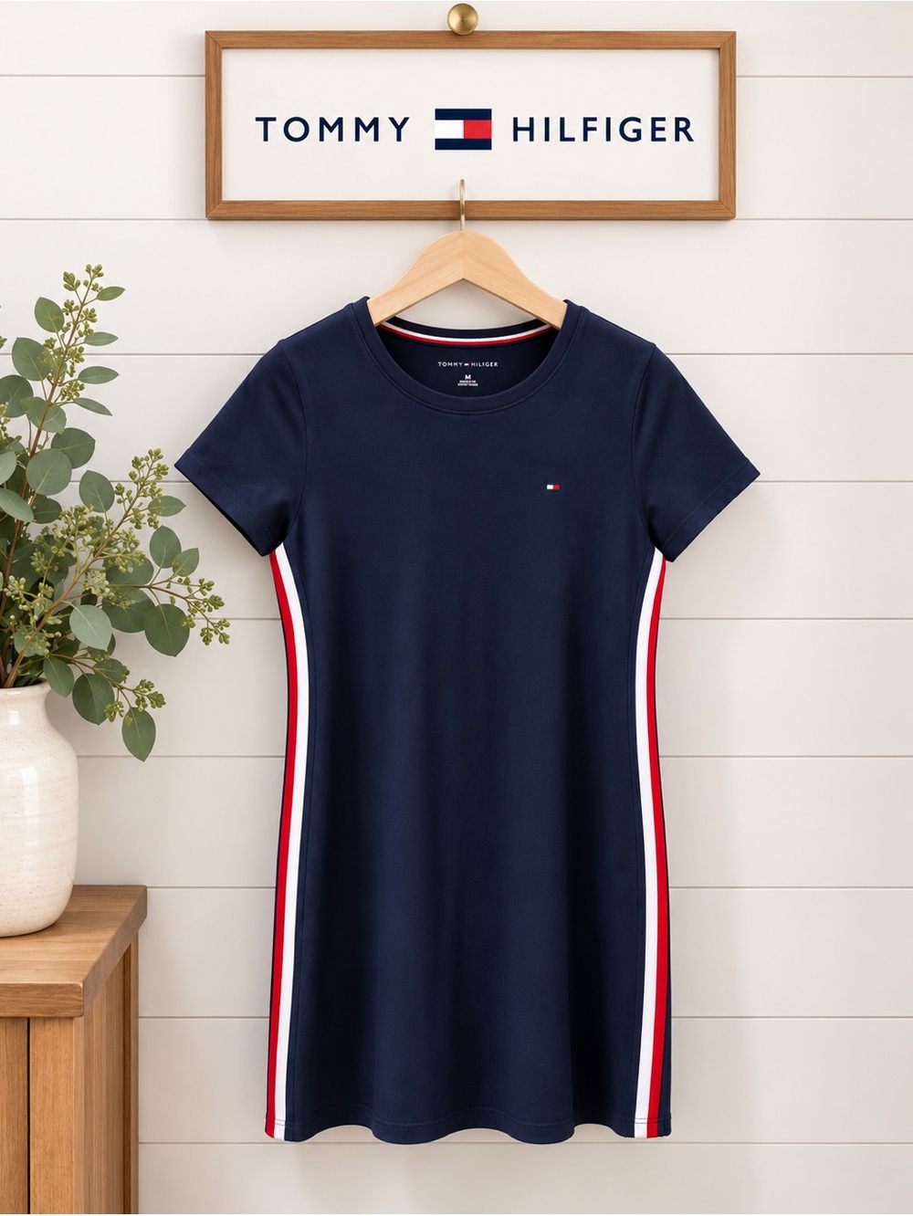 TOMMY HILFIGER – Navy T-Shirt Dress with Side Stripes – Size S